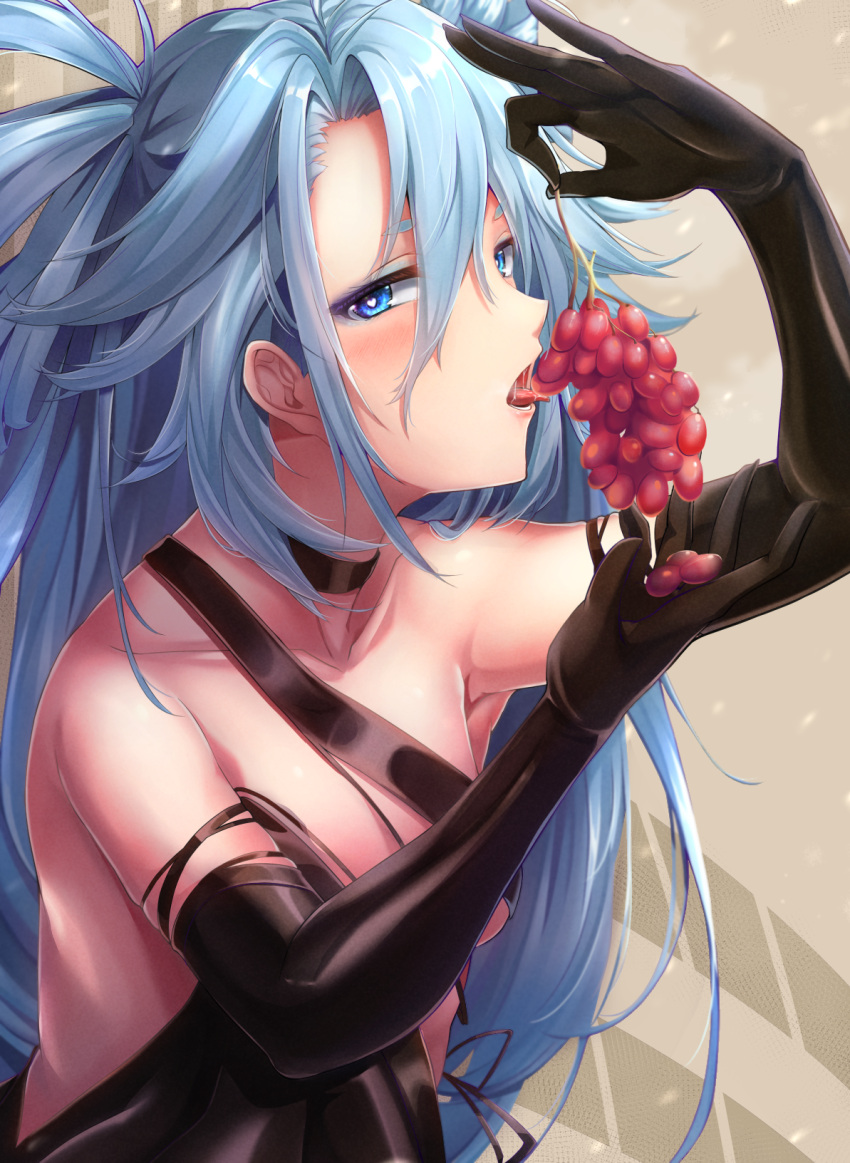 1girl blue_eyes choker dress elbow_gloves evening_gown food fruit girls_frontline gloves grapes highres licking light_blue_hair long_hair official_alternate_costume pa-15_(girls_frontline) saliva solo tongue tongue_out very_long_hair xlscaler