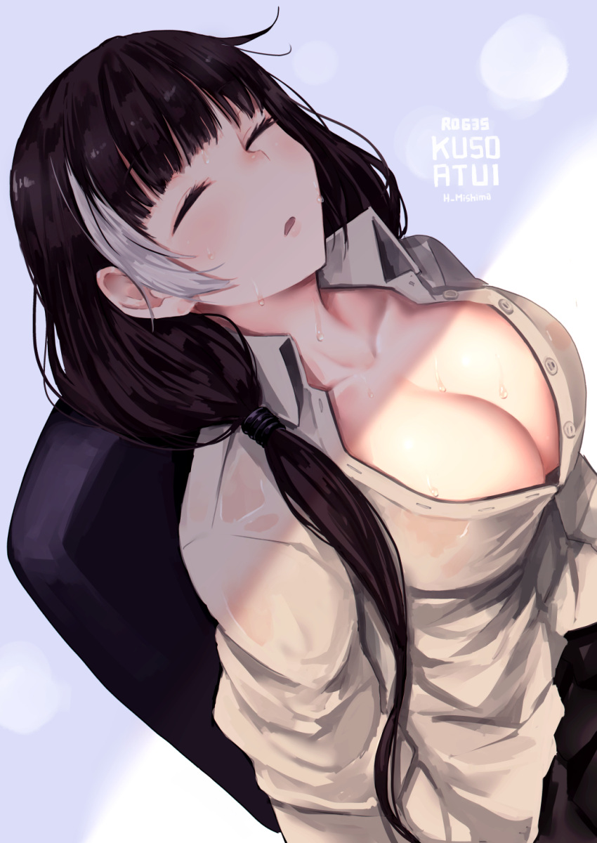 1girl artist_name bangs black_hair breasts cleavage closed_eyes collarbone collared_shirt commentary girls_frontline grey_shirt highres large_breasts long_hair mishima_hiroji multicolored_hair parted_lips partially_unbuttoned ro635_(girls_frontline) shirt sitting solo streaked_hair sweat white_hair