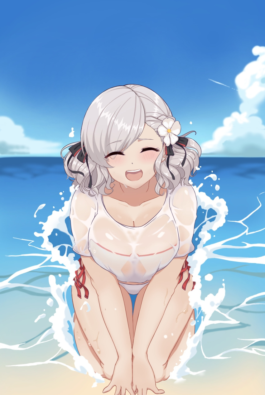 1girl :d aderi beach bikini bikini_bottom bikini_under_clothes blush breasts cleavage closed_eyes cloud commentary_request condensation_trail flower girls_frontline hair_flower hair_ornament hair_ribbon highres kneeling large_breasts medium_hair no_pants ocean official_alternate_costume open_mouth outdoors ribbon see-through see-through_shirt shirt side-tie_bikini silver_hair sky smile solo spas-12_(girls_frontline) splashing swimsuit t-shirt twintails water waves wet wet_clothes wet_shirt wet_t-shirt white_shirt white_swimsuit