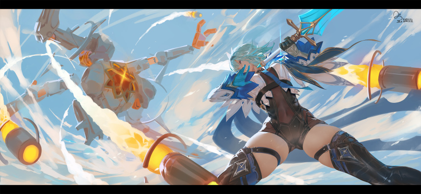 1girl battle blue_hair blue_neckwear blue_sky bodystocking breasts center_opening cloud cloudy_sky covered_navel eula_lawrence fighting_stance genshin_impact hairband highres holding holding_sword holding_weapon leotard missile ribao robot ruin_hunter_(genshin_impact) skindentation sky solo_focus standing sword thick_thighs thigh_strap thighhighs thighs vambraces weapon