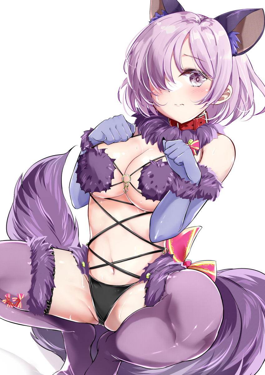 1girl :s absurdres animal_ears bare_shoulders blush bow breasts buckle cleavage closed_mouth collar dangerous_beast elbow_gloves fate/grand_order fate_(series) frown fur-trimmed_gloves fur-trimmed_legwear fur_collar fur_trim gloves hair_over_one_eye hamaken._(novelize) hands_up highres large_breasts looking_at_viewer mash_kyrielight navel no_shoes paw_pose pink_bow purple_eyes purple_gloves purple_hair purple_legwear revealing_clothes short_hair simple_background solo spread_legs tail thighhighs white_background wolf_ears wolf_girl wolf_tail