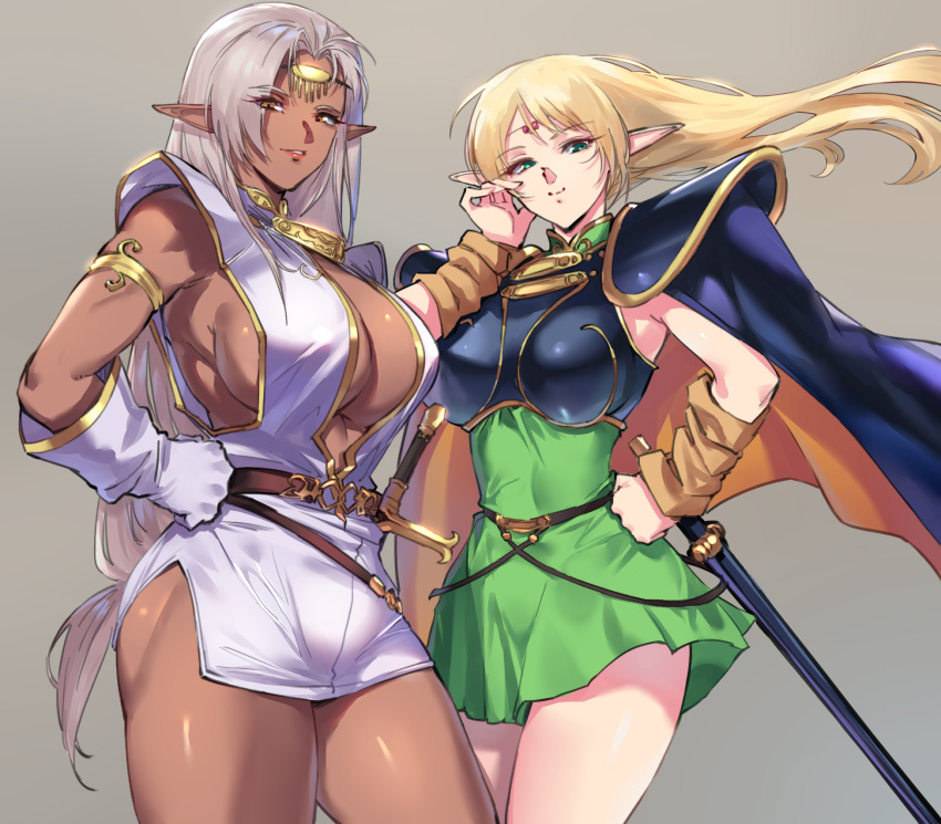 2girls armor blonde_hair breastplate breasts brown_eyes cape circlet cleavage cleavage_cutout clothing_cutout commentary_request dark-skinned_female dark_elf dark_skin deedlit elf forehead_jewel gloves green_eyes highres large_breasts long_hair multiple_girls negresco parted_lips pirotess pointy_ears record_of_lodoss_war scabbard sheath shoulder_armor silver_hair skirt smile sword weapon