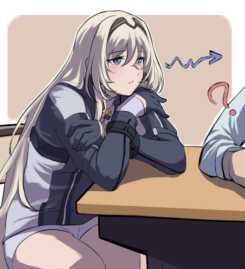 1girl 3_small_spiders ? an-94_(girls_frontline) black_gloves blonde_hair blue_eyes blush commentary_request elbow_rest eyebrows_visible_through_hair girls_frontline gloves hair_between_eyes hairband highres long_hair long_sleeves parted_lips sitting solo_focus table