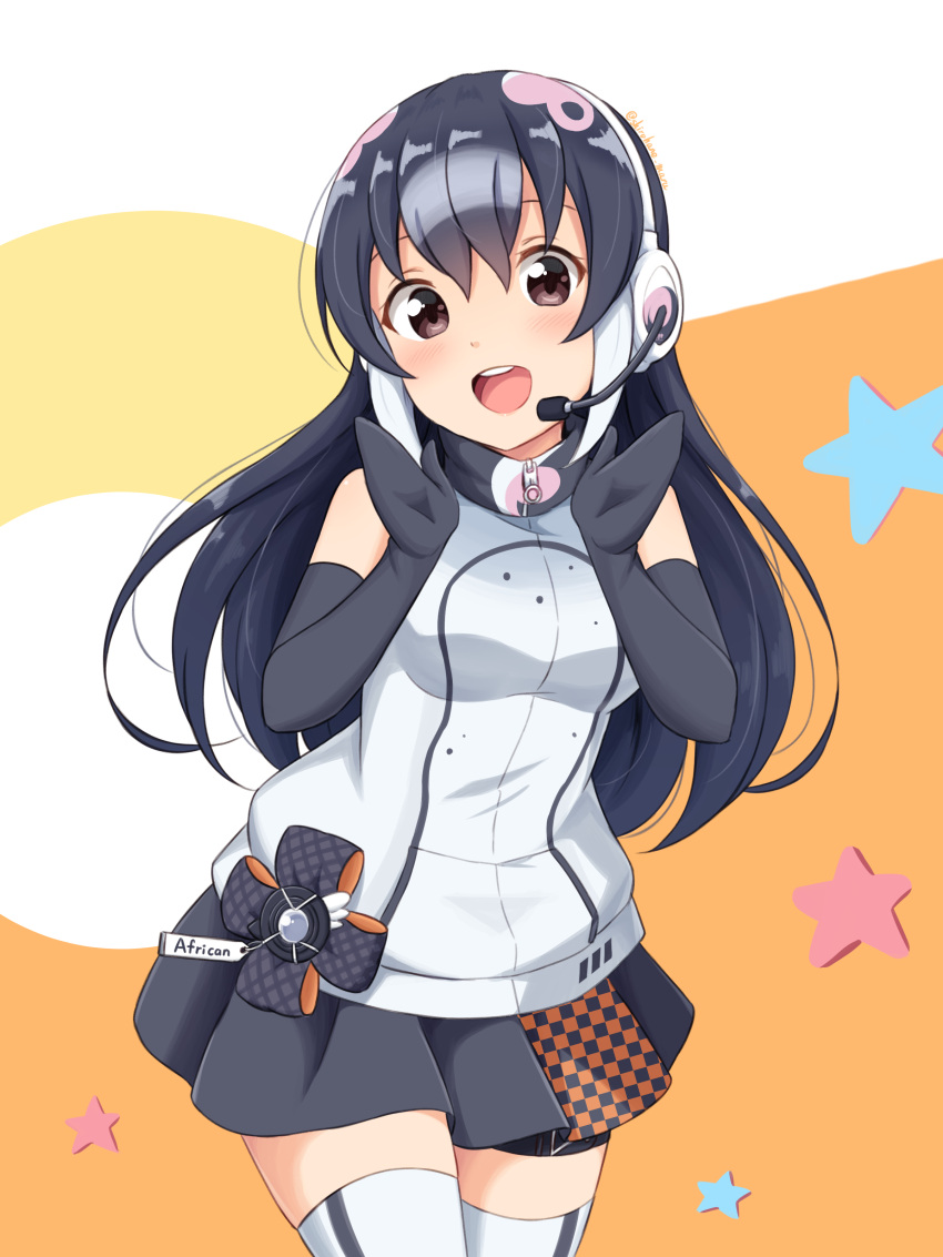 1girl :d absurdres african_penguin_(kemono_friends) bangs bare_shoulders belt_bow black_gloves black_hair black_legwear black_skirt blush brown_eyes commentary cowboy_shot elbow_gloves eyebrows_visible_through_hair gloves headset high_collar highlights highres kemono_friends long_hair looking_at_viewer microphone mittens multicolored_hair official_alternate_costume open_mouth orange_background pink_hair pleated_skirt shiraha_maru simple_background skirt sleeveless smile solo star_(symbol) striped striped_legwear sweater thigh_strap thighhighs two-tone_legwear virtual_youtuber white_hair white_legwear white_sweater zettai_ryouiki