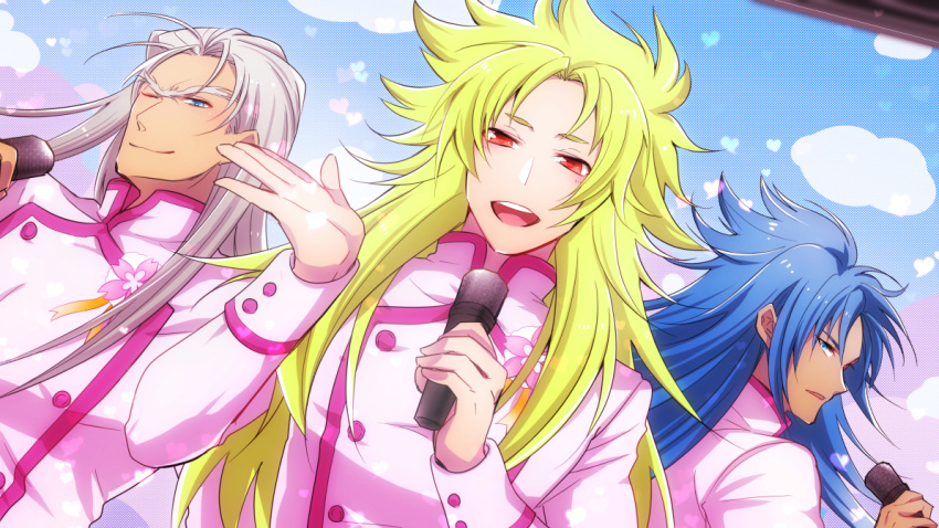 3boys :d ;) aries_shion bishounen blonde_hair blue_eyes blue_hair closed_mouth dark-skinned_male dark_skin dress dutch_angle gemini_defteros holding holding_microphone idol jacket jo_tashiro long_dress long_hair male_focus microphone multiple_boys one_eye_closed open_mouth pink_jacket red_eyes saint_seiya saint_seiya:_the_lost_canvas shiny shiny_hair silver_hair sleeveless sleeveless_dress smile taurus_hasgard upper_body very_long_hair