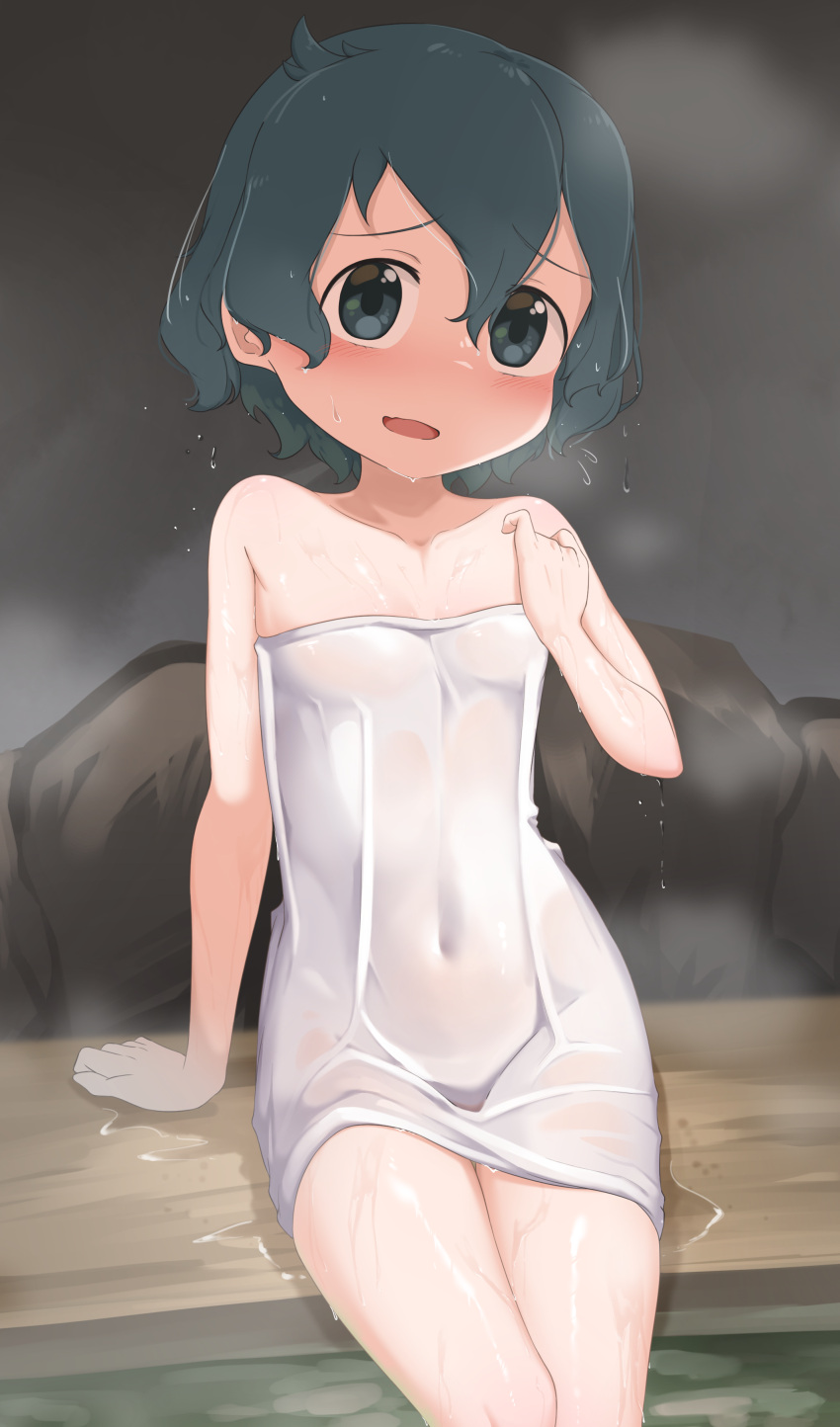 1girl absurdres arm_support bangs black_eyes black_hair blush breasts chis_(js60216) collarbone commentary covered_navel dripping eyebrows_visible_through_hair flying_sweatdrops hair_between_eyes highres kaban_(kemono_friends) kemono_friends looking_at_viewer naked_towel no_nose onsen open_mouth see-through short_hair sitting small_breasts smile solo steam sweat towel wet wet_towel white_towel