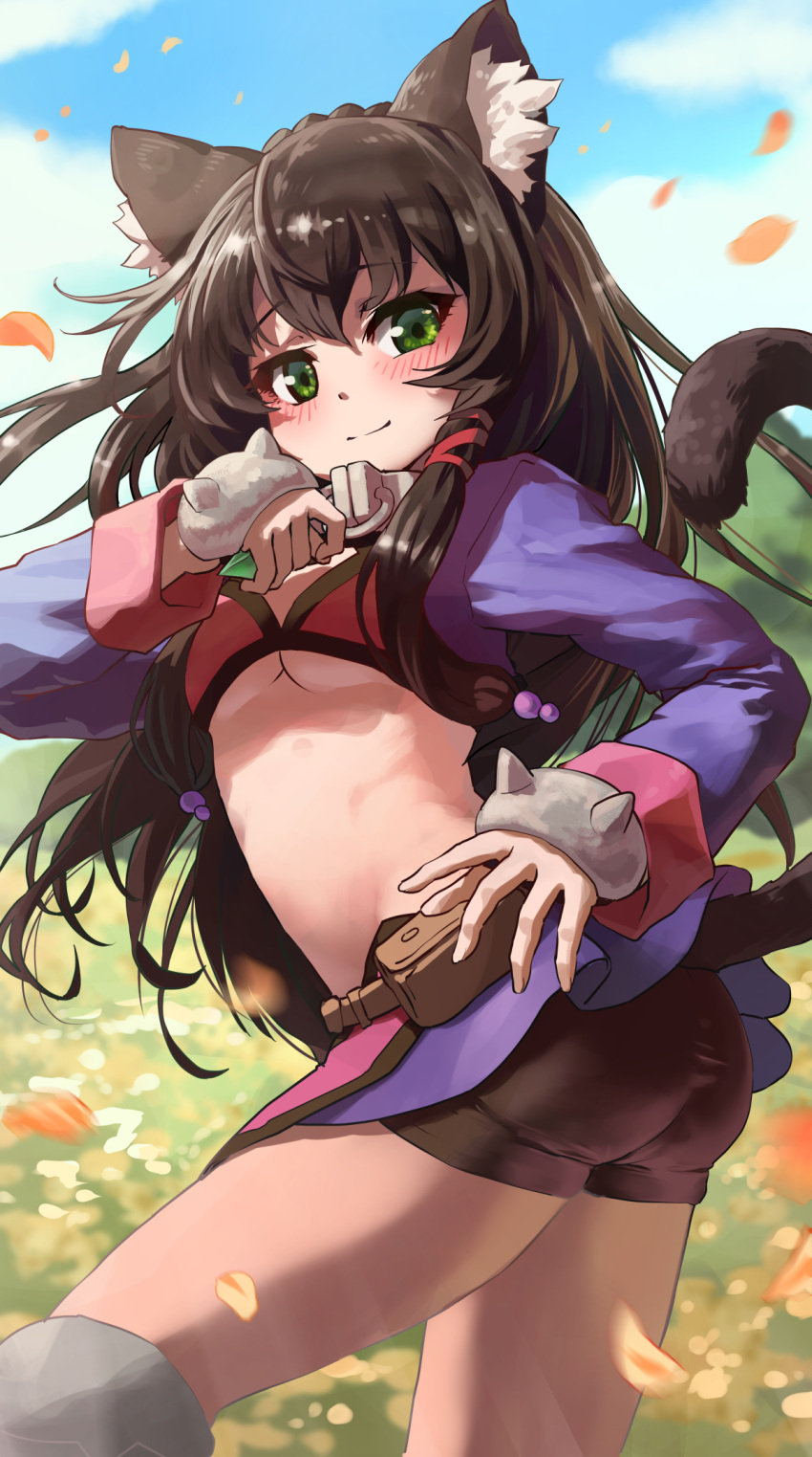 1girl animal_ear_fluff animal_ears ass black_hair black_shorts breasts cat_ears cat_girl cat_tail crop_top green_eyes highres isekai_maou_to_shoukan_shoujo_no_dorei_majutsu long_hair long_sleeves looking_at_viewer melaton midriff miniskirt outdoors rem_galeu revealing_clothes short_shorts shorts shorts_under_skirt skirt small_breasts smile solo standing tail tail_raised thighs twisted_torso