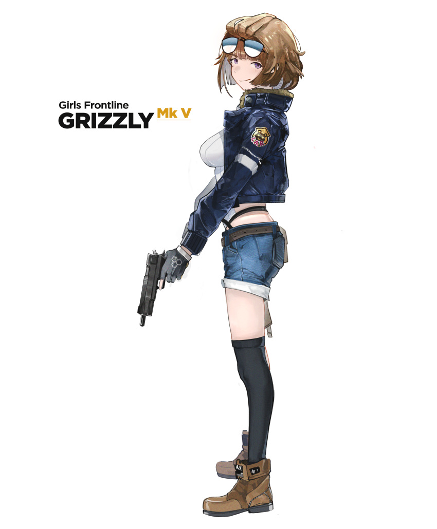 1girl absurdres boots breasts brown_hair character_name commentary copyright_name denim denim_shorts english_commentary eyewear_on_head fingerless_gloves from_side full_body fur_collar girls_frontline gloves grizzly_mkv grizzly_mkv_(girls_frontline) gun handgun highres holding holding_gun holding_weapon jacket large_breasts looking_at_viewer open_clothes open_jacket purple_eyes shirt short_hair shorts smile solo sunglasses swimnemo thighhighs trigger_discipline weapon white_background white_shirt