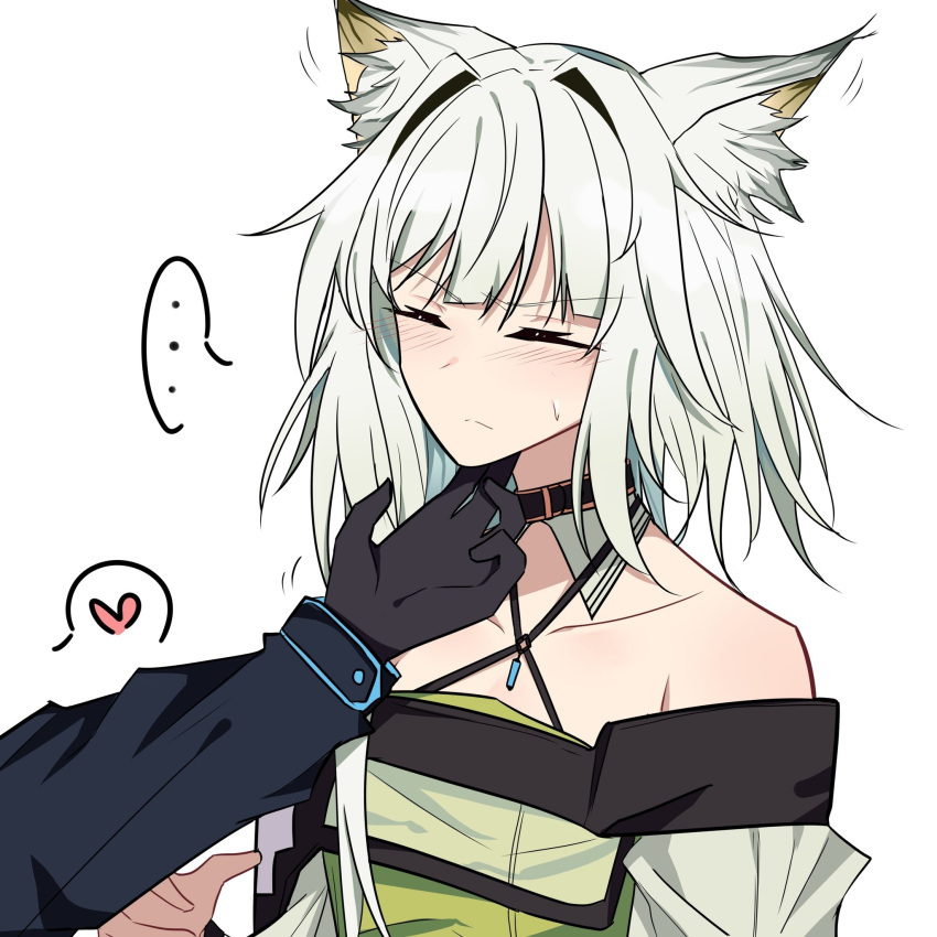 1girl 1other animal_ear_fluff animal_ears arknights bangs bare_shoulders blush cat_ears chin_tickle choker closed_eyes closed_mouth collarbone doctor_(arknights) eyebrows_visible_through_hair hand_up highres kal'tsit_(arknights) long_sleeves medium_hair messy_hair off_shoulder pokarii_zuu sidelocks solo_focus upper_body white_background white_hair