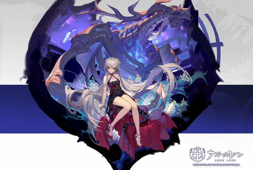 1girl absurdly_long_hair artist_request azur_lane black_bow black_dress bow breasts carapace check_artist choker cleavage dress evening_gown eyebrows_visible_through_hair full_body halterneck high_heels highres huanxiang_heitu long_dress long_hair mechanical_tail montpelier_(azur_lane) montpelier_(persephone's_throne)_(azur_lane) official_alternate_costume official_art promotional_art red_choker red_dress red_eyes red_footwear ribs silver_hair skeletal_wings skeleton sleeveless sleeveless_dress small_breasts solo tail two-tone_dress very_long_hair wings