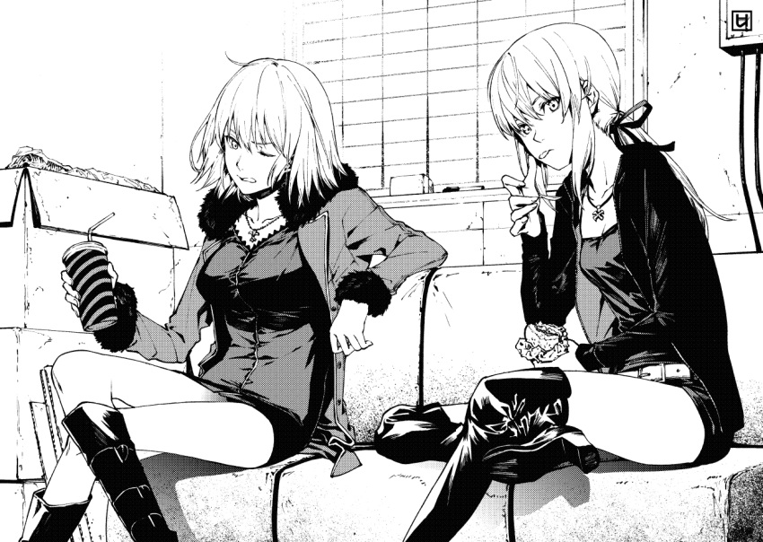 2girls ahoge artoria_pendragon_(all) belt blouse boots box breasts burger commentary_request couch crossed_legs drinking_straw eating fate/grand_order fate_(series) food greyscale holding indoors jacket jeanne_d'arc_(alter)_(fate) jeanne_d'arc_(fate)_(all) jet_black_king_of_knights_ver._shinjuku_1999 jewelry long_hair looking_at_viewer monochrome multiple_girls necklace one_eye_closed ponytail saber_alter short_hair silver_hair sitting sweater usui_ryuu wicked_dragon_witch_ver._shinjuku_1999