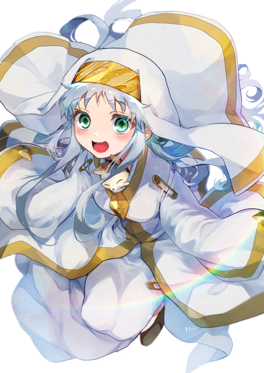 1girl absurdres aqua_eyes artist_name bangs commentary floating habit hana_(h6n6_matsu) highres index long_hair long_sleeves looking_at_viewer nun open_mouth rainbow robe safety_pin signature silver_hair smile solo sphinx_(index) toaru_majutsu_no_index white_background white_headwear white_robe wide_sleeves