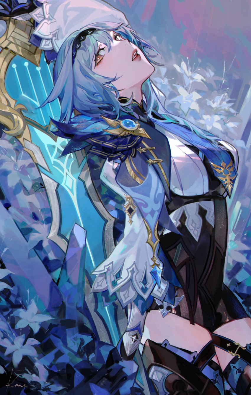 1girl absurdres black_gloves black_legwear blue_hair breasts brown_eyes eula_lawrence flower genshin_impact gloves greatsword hair_ornament highres impossible_clothes kaneblob large_breasts looking_at_viewer looking_up short_hair skin_tight thick_thighs thighs