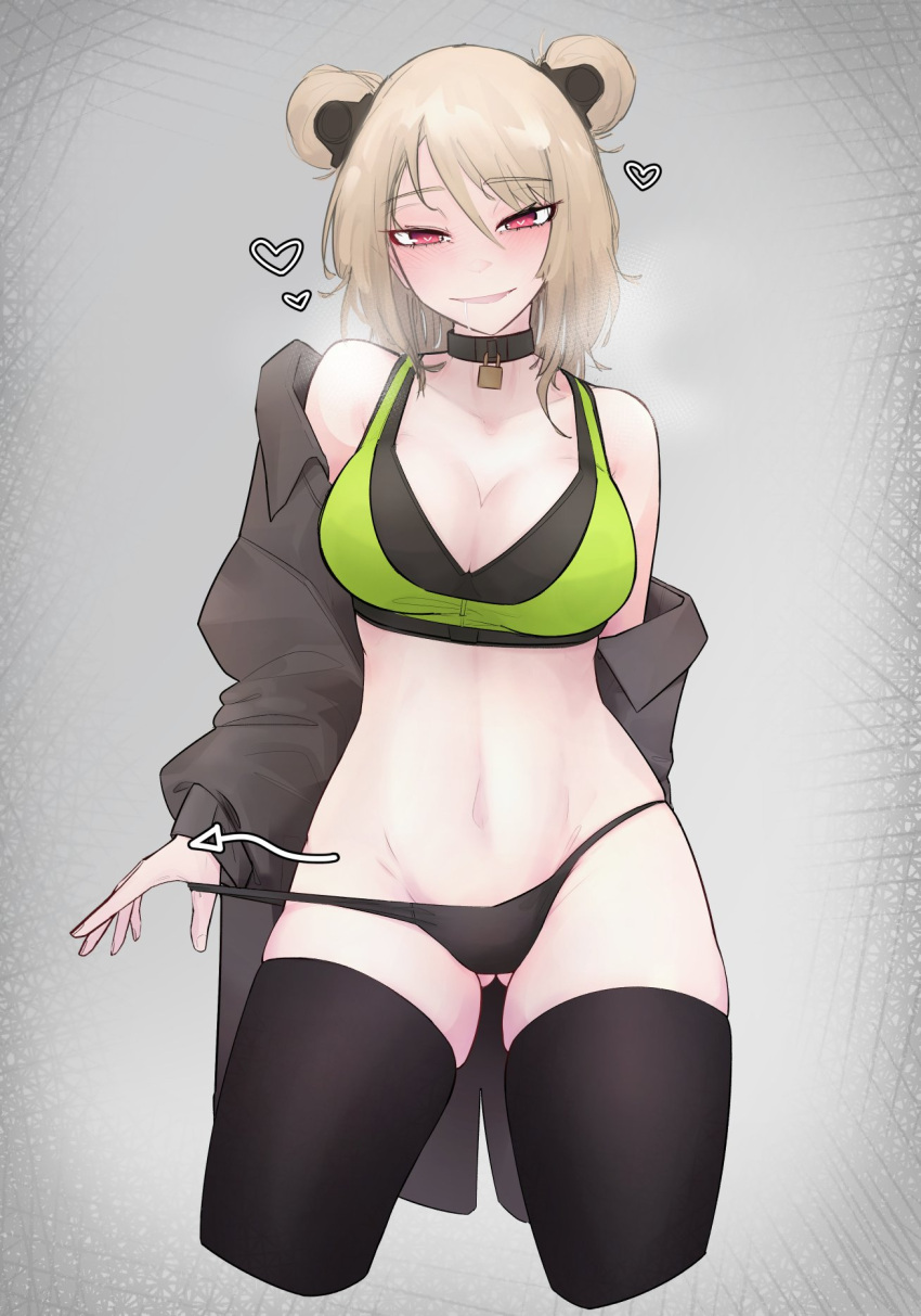 1girl arm_behind_back ass_visible_through_thighs black_panties blonde_hair blush breasts commentary cropped_legs double_bun drooling english_commentary girls_frontline grey_background groin hair_between_eyes heart highres looking_at_viewer medium_hair navel null-3 off_shoulder p90_(girls_frontline) padlocked_collar panties panty_pull red_eyes saliva skindentation smile solo sports_bra thighhighs thighs underwear