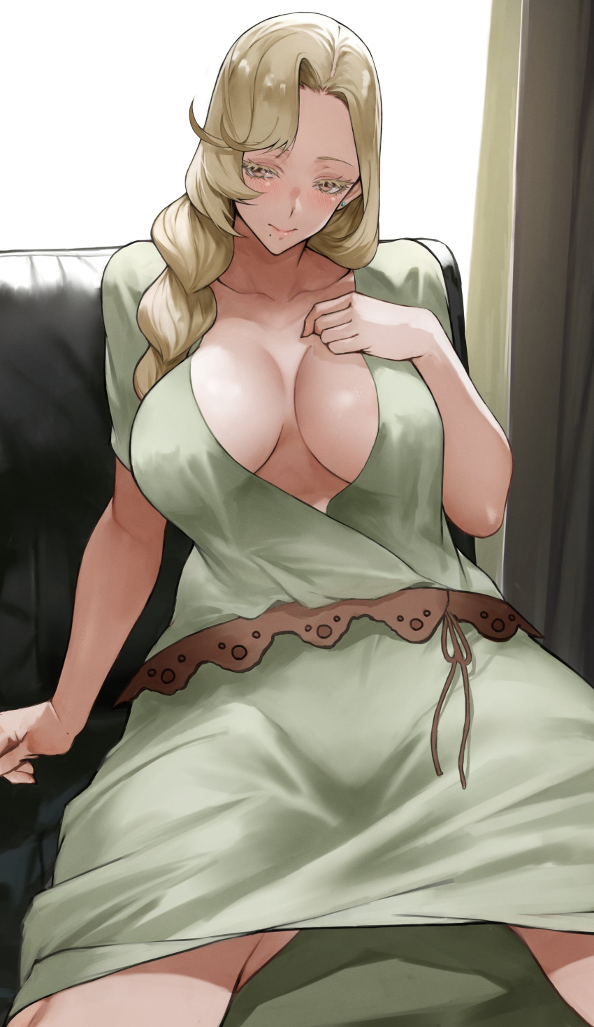 1girl absurdres ballroom_e_youkoso blonde_hair braid braided_ponytail breasts brown_eyes cleavage collarbone commentary_request dress forehead green_dress hair_over_shoulder highres hyoudou_marisa large_breasts long_hair looking_at_viewer mole mole_under_mouth sitting solo thighs yoshio_(55level)