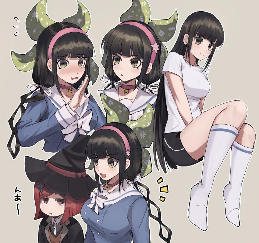 2girls absurdres alternate_costume alternate_hairstyle bangs bell black_choker black_shorts blunt_bangs blush bojue_(hakus_1128) bow breasts brown_hair buttons chabashira_tenko choker collarbone commentary danganronpa_(series) danganronpa_v3:_killing_harmony double-breasted eyebrows_visible_through_hair flying_sweatdrops green_background green_eyes green_ribbon grey_legwear hair_ornament hairband highres kneehighs large_breasts long_hair long_sleeves looking_at_viewer low_twintails mole mole_under_mouth multiple_girls multiple_views neck_bell no_shoes open_mouth pink_choker pink_hairband red_hair ribbon shirt short_hair shorts smile twintails upper_body white_bow white_shirt yumeno_himiko