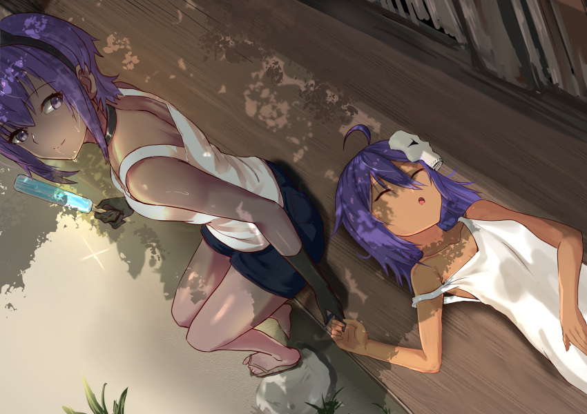 2girls ahoge bare_arms bare_legs bare_shoulders child_assassin_(fate/zero) dark-skinned_female dark_skin fate/grand_order fate/prototype fate/prototype:_fragments_of_blue_and_silver fate_(series) food hairband hassan_of_serenity_(fate) highres holding holding_food holding_hands jikihatiman looking_at_another lying mask mask_on_head multiple_girls open_mouth popsicle purple_eyes purple_hair shadow shirt short_hair shorts sitting skirt sleeping smile