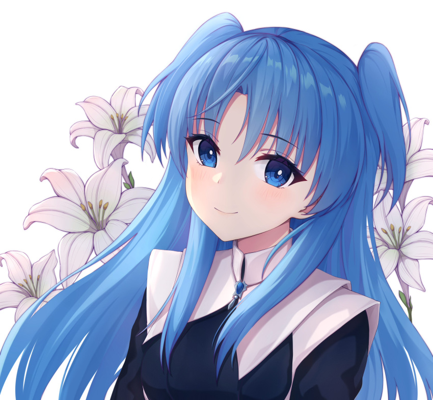 1girl absurdres bangs blue_eyes blue_hair chtholly_nota_seniorious closed_mouth eyebrows_visible_through_hair flower hair_between_eyes highres jewelry lily_(flower) long_hair nanguadeng pendant shiny shiny_hair shuumatsu_nani_shitemasu_ka? smile solo two_side_up upper_body very_long_hair white_background white_flower