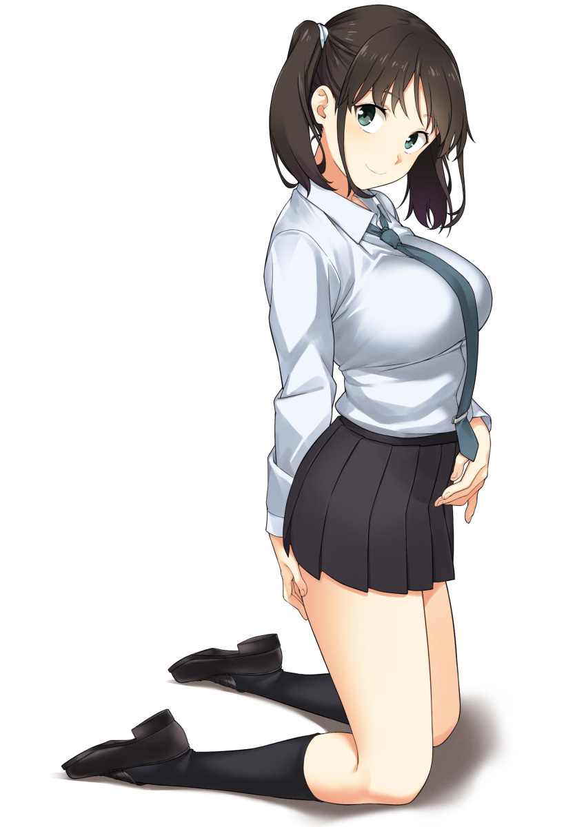 1girl absurdres black_footwear black_skirt blue_neckwear breasts brown_hair closed_mouth commentary_request full_body green_eyes hatakenaka_(kamagabuchi) highres kneeling large_breasts loafers long_sleeves looking_at_viewer necktie original pleated_skirt shirt shoes short_hair simple_background skirt smile socks solo thighs twintails white_background white_shirt