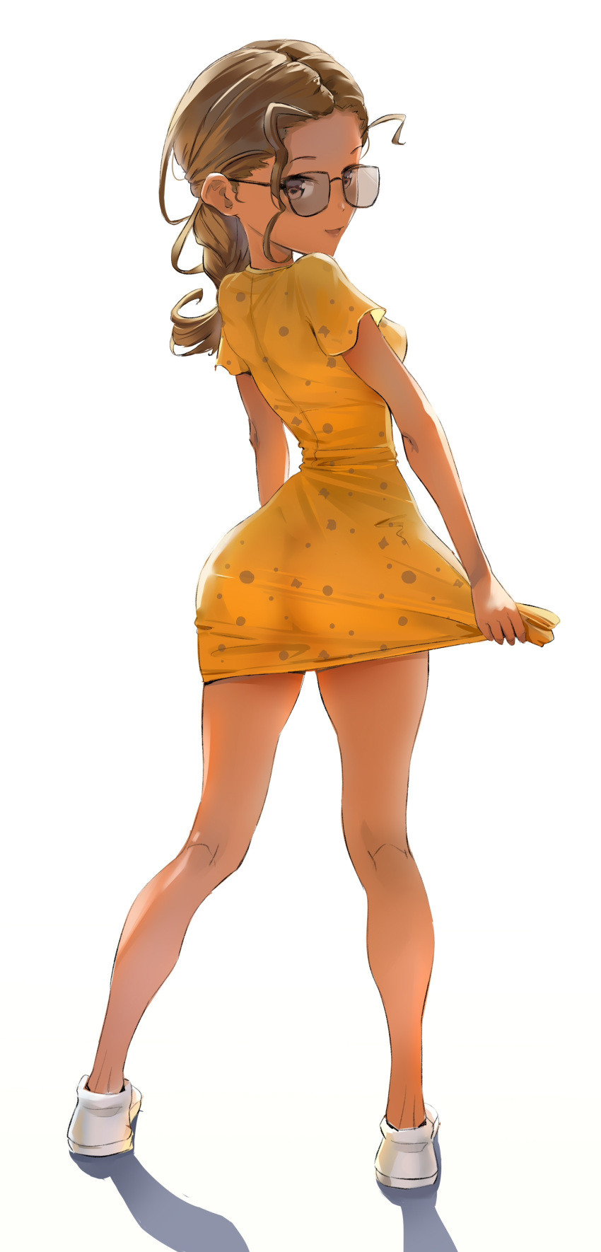 1girl absurdres ass bare_legs braid braided_ponytail breasts brown_eyes brown_hair clothes_tug contrapposto dress dress_tug forehead from_behind full_body highres iskanderednaksi kneepits looking_at_viewer looking_back nape open_mouth original parted_hair pencil_dress shadow shoes short_dress simple_background slender_waist small_breasts smile sneakers summer sunglasses tight tight_dress white_background white_footwear yellow_dress