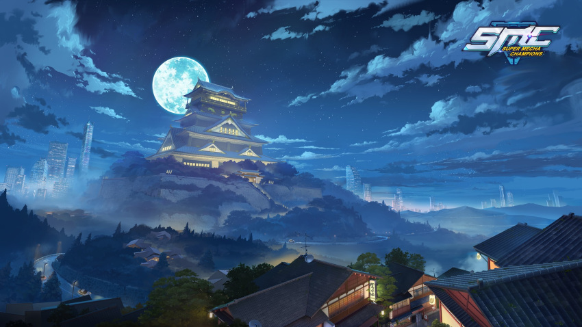 building car castle cloud distant garden ground_vehicle highres hill lamppost landscape lantern logo moon motor_vehicle night night_sky no_humans official_art road scenery sky skyscraper star_(sky) starry_sky street super_mecha_champions tree