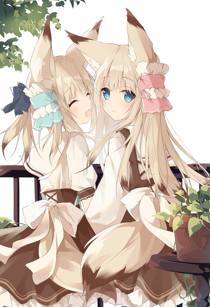 2girls :d ^_^ animal_ear_fluff animal_ears bangs blue_bow bow brown_dress brown_hair closed_eyes closed_mouth commentary_request dress eyebrows_visible_through_hair fox_ears fox_girl fox_tail hair_bow highres kushida_you light_brown_hair long_hair long_sleeves looking_at_viewer looking_back multicolored_hair multiple_girls open_mouth original plant potted_plant puffy_short_sleeves puffy_sleeves railing shirt short_sleeves simple_background sleeveless sleeveless_dress smile streaked_hair table tail very_long_hair white_background white_shirt