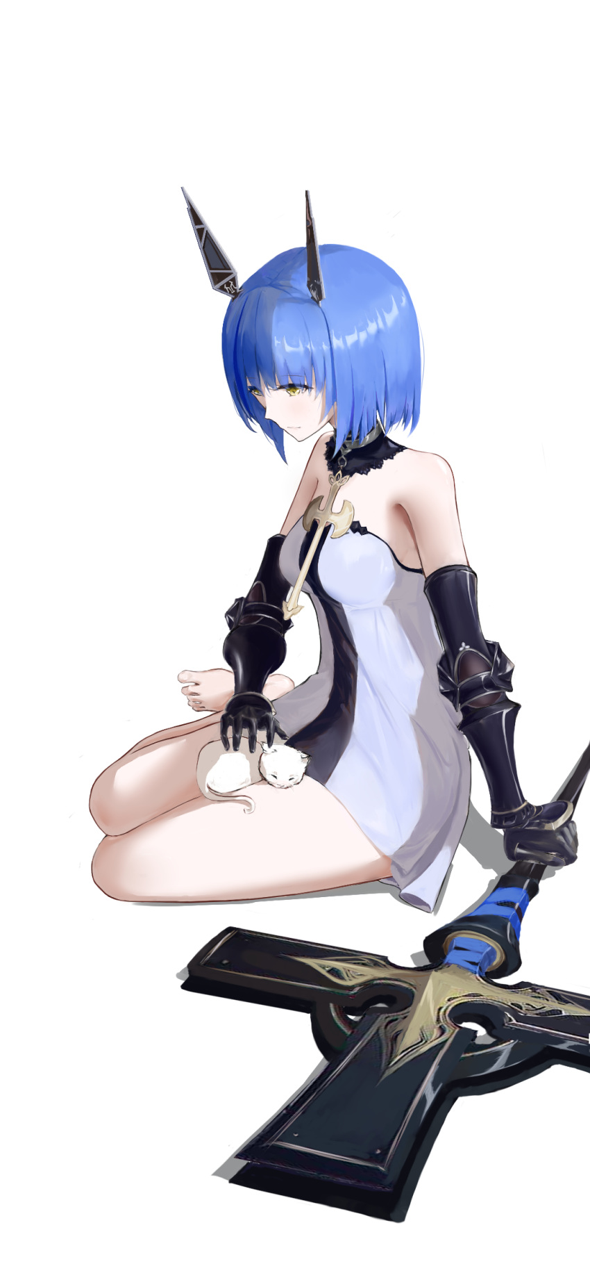 1girl azur_lane bare_shoulders blue_hair breasts cat cross cross_necklace detached_collar dress elbow_gloves error from_side full_body gascogne_(azur_lane) gauntlets gloves headgear highres jewelry k/a necklace short_hair simple_background sleeveless sleeveless_dress small_breasts solo strapless strapless_dress white_background white_cat white_dress wrong_feet yellow_eyes