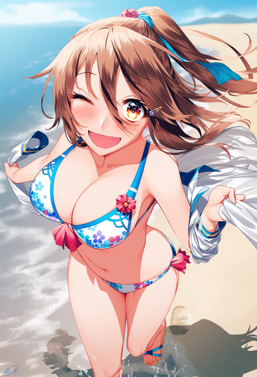 1girl ;d bangs beach bikini blew_andwhite blush breasts brown_hair cleavage collarbone commentary_request day eyebrows_visible_through_hair floral_print hair_between_eyes hair_blowing hair_ornament hair_ribbon hairclip highres large_breasts long_hair looking_at_viewer mochizuki_ai mountainous_horizon navel ocean one_eye_closed open_mouth original outdoors print_bikini ribbon sandals shirt smile solo swimsuit thighs white_shirt