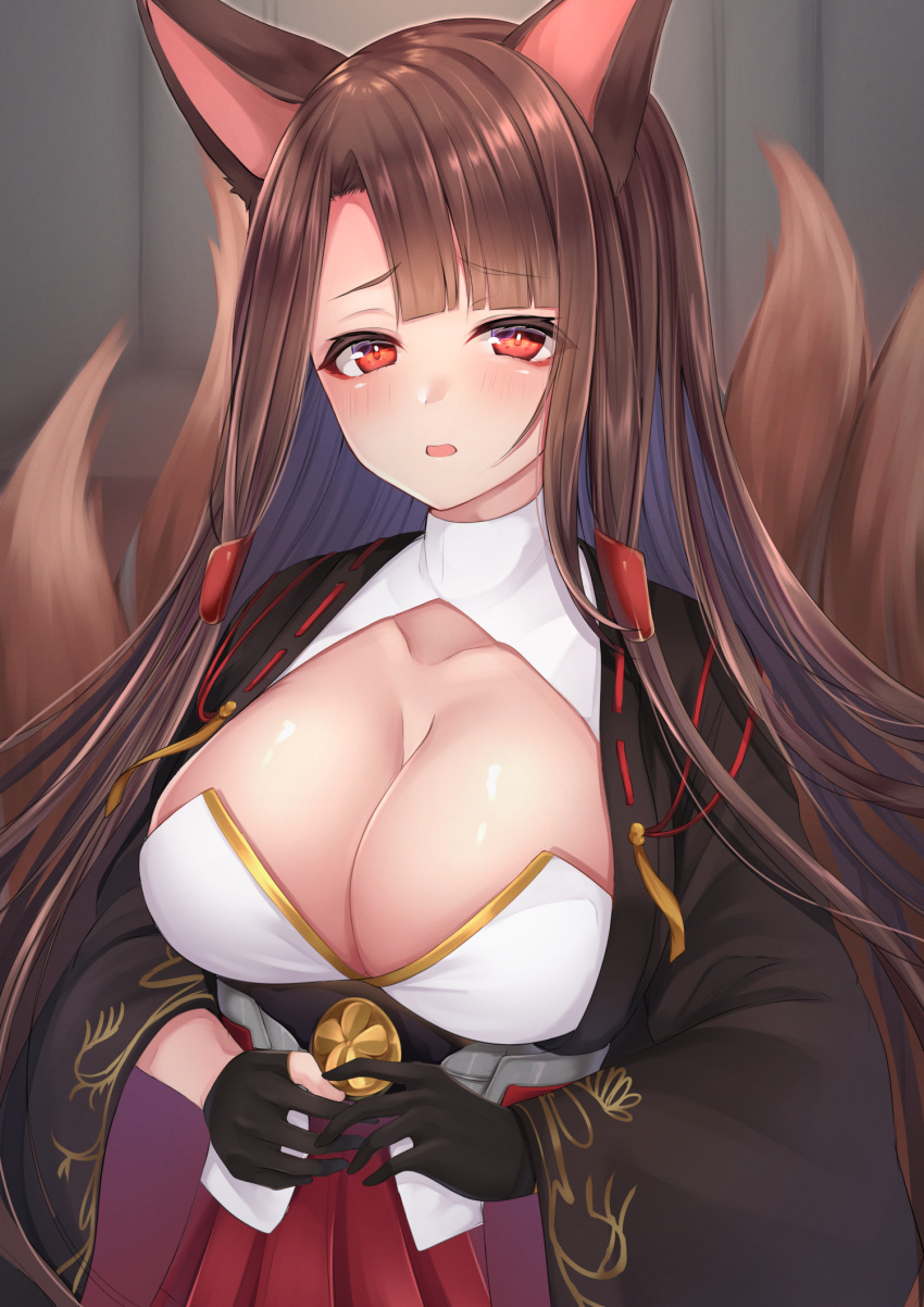 1girl akagi_(azur_lane) animal_ears azur_lane breasts brown_hair brown_kimono brown_tail cleavage_cutout clothing_cutout fox_ears gloves gold_trim highres japanese_clothes kimono kitsune large_breasts looking_at_viewer metal_belt miyagi_ratona multiple_tails open_clothes open_kimono partially_fingerless_gloves red_eyes red_skirt sakuramon shiny shiny_skin skirt solo tail wide_sleeves