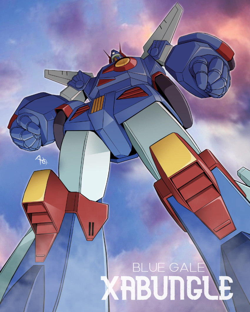 clenched_hands cloud copyright_name from_below glowing head_tilt highres matayoshi_(nopple_1000) mecha no_humans science_fiction sentou_mecha_xabungle sky solo visor xabungle_(mecha)