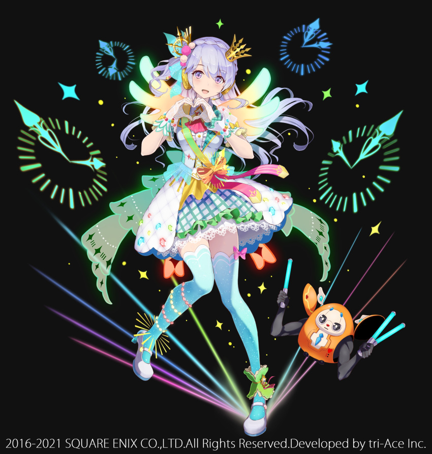 1girl :d absurdres bangs black_background blue_legwear braid breasts center_frills clock commentary_request crown crown_braid dress eyebrows_visible_through_hair frills full_body gloves glowing glowing_wings glowstick hair_between_eyes heart heart_hands highres hoshizaki_reita looking_at_viewer medium_breasts mini_crown official_art open_mouth purple_eyes purple_hair robot shoes single_wrist_cuff smile sparkle standing standing_on_one_leg star_ocean star_ocean_anamnesis thighhighs tika_blunche tilted_headwear white_dress white_footwear white_gloves wings wrist_cuffs