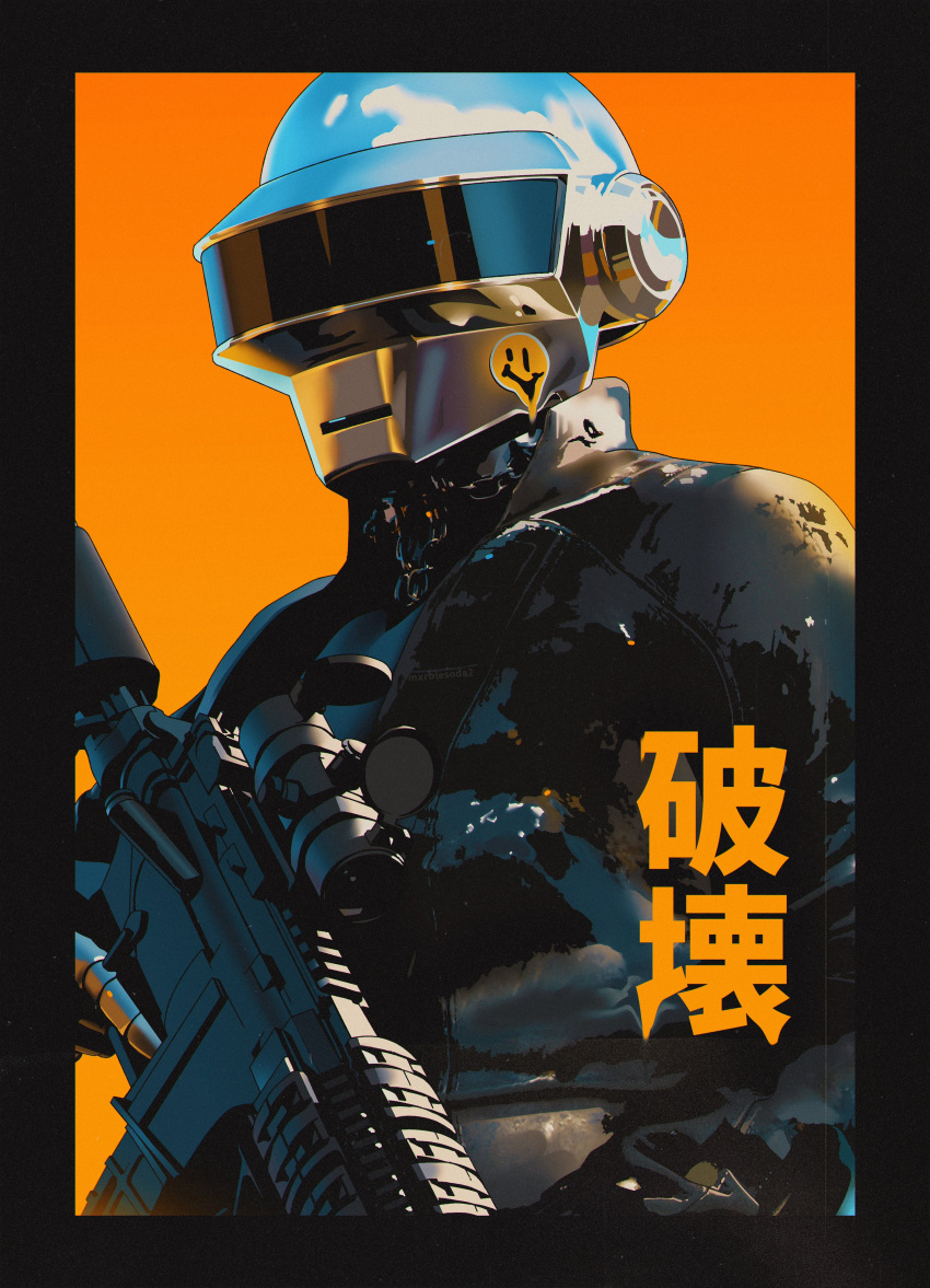 1boy absurdres assault_rifle black_border black_jacket border daft_punk gun helmet highres holding holding_gun holding_weapon jacket looking_ahead male_focus mawili rifle solo sticker thomas_bangalter trigger_discipline upper_body weapon yellow_background