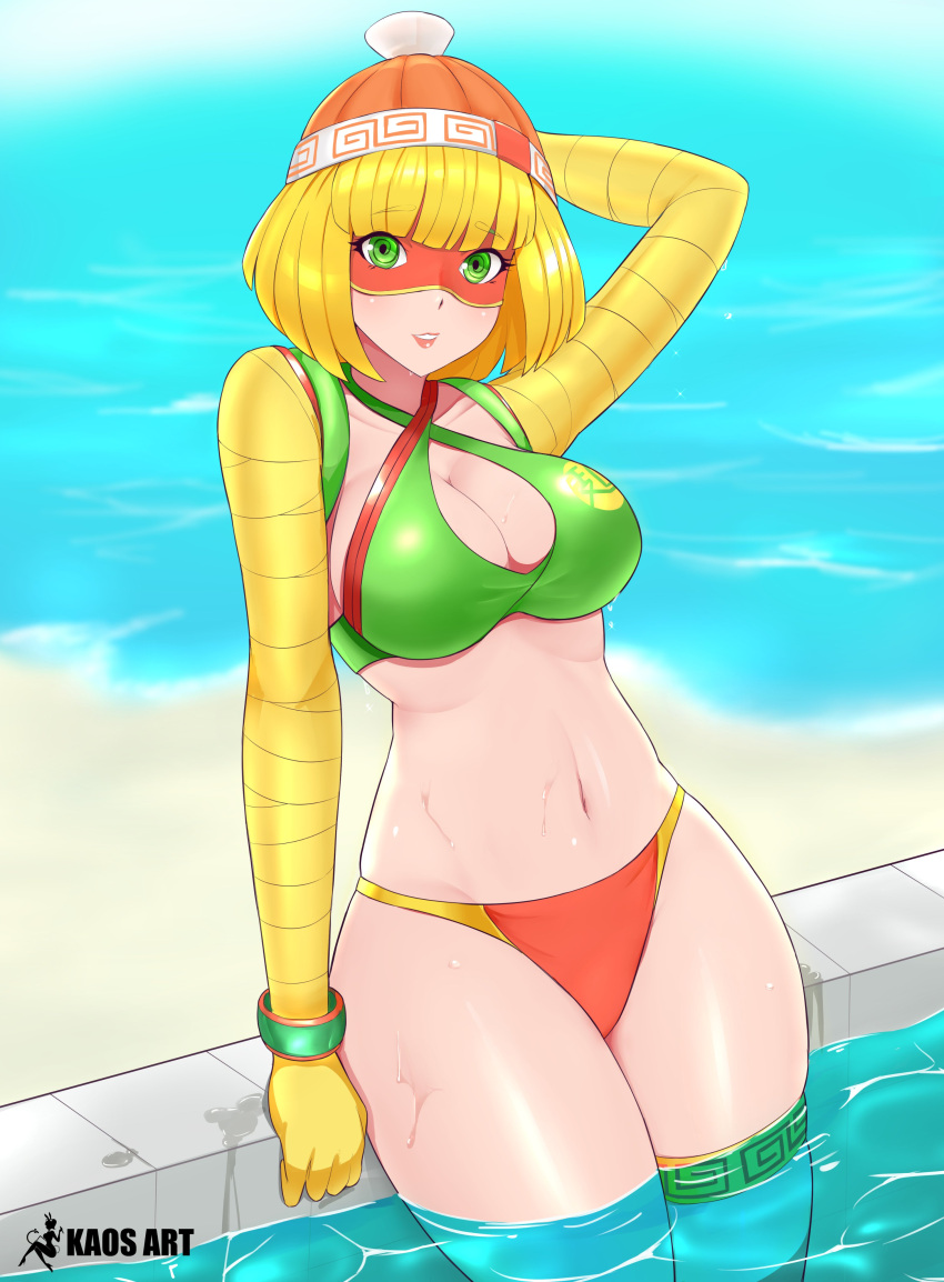 1girl absurdres arms_(game) bangs beach beanie bikini blonde_hair blue_eyes blunt_bangs breasts domino_mask facepaint green_eyes hat highres kaos_art knit_hat looking_at_viewer mask min_min_(arms) short_hair solo super_smash_bros. swimsuit water