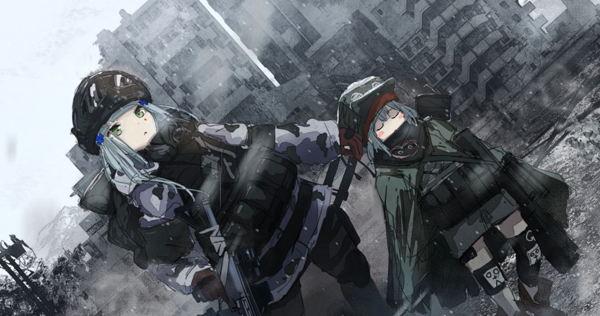 2girls :&lt; absurdres assault_rifle backpack bag blush_stickers boots closed_eyes dutch_angle facial_mark g11_(girls_frontline) gas_mask gloves goggles goggles_on_headwear green_eyes gun h&amp;k_g11 h&amp;k_hk416 hair_ornament hat helmet highres hk416_(fang)_(girls_frontline) hk416_(girls_frontline) kilabo knee_pads last_man_battalion long_hair military military_uniform multiple_girls outdoors rifle rogue_division_agent silver_hair tom_clancy's_the_division uniform weapon winter_uniform