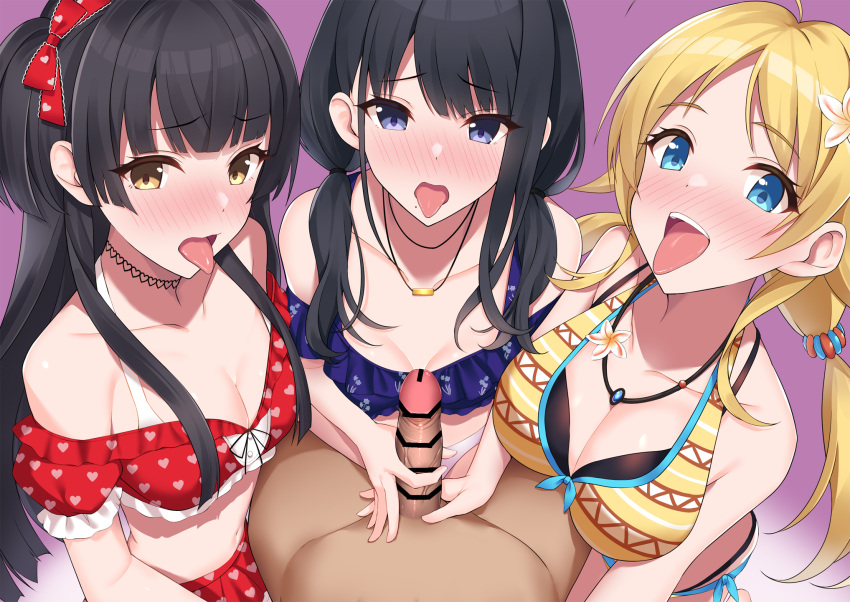 1boy 3girls bar_censor bikini black_hair blonde_hair blue_bikini blue_eyes blush breasts censored cleavage collarbone commentary eyebrows_visible_through_hair flower hachimiya_meguru hair_flower hair_ornament hair_ribbon handjob heart heart_print highres idolmaster idolmaster_shiny_colors jewelry kazano_hiori large_breasts long_hair low_twintails mayuzumi_fuyuko medium_breasts multiple_girls multiple_handjob nanoyo necklace open_mouth penis pov print_bikini red_bikini red_ribbon ribbon smile swimsuit tongue tongue_out twintails upper_body yellow_bikini yellow_eyes