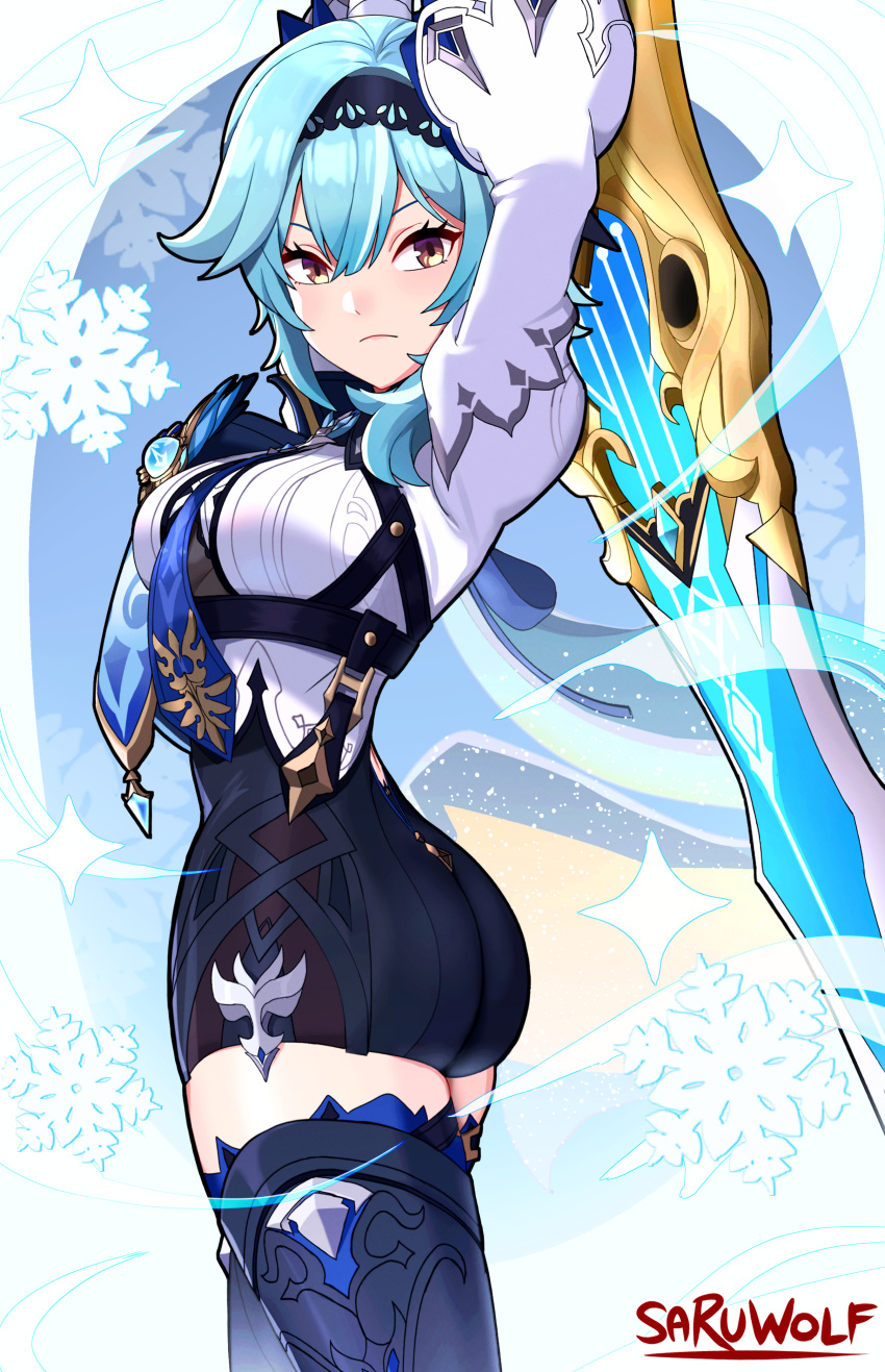 1girl absurdres arms_up artist_name ass blue_hair blue_neckwear breasts center_opening eula_lawrence genshin_impact hairband highres holding holding_sword holding_weapon leotard long_sleeves looking_at_viewer sarukaiwolf sword thighhighs weapon