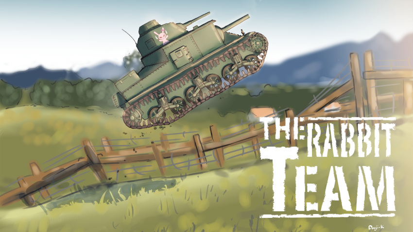 artist_name blurry blurry_background bunny clear_sky commentary day depth_of_field emblem english_text fence girls_und_panzer ground_vehicle highres kuroneko_douji logo_parody m3_lee military military_vehicle motor_vehicle no_humans outdoors parody signature tank the_a-team wooden_fence