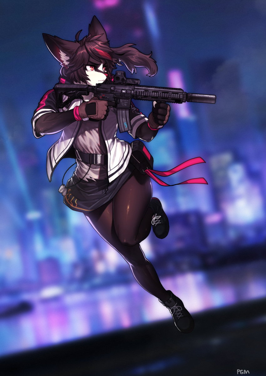 1girl absurdres animal_ears assault_rifle belt belt_buckle black_hair buckle commission cosplay exusiai_(arknights) exusiai_(arknights)_(cosplay) fingerless_gloves full_body furry gloves gun h&amp;k_hk416 highlights highres holding holding_gun holding_weapon jacket multicolored_hair original pantyhose pgm300 pouch red_hair rifle shoes short_sleeves skirt solo two-tone_hair weapon