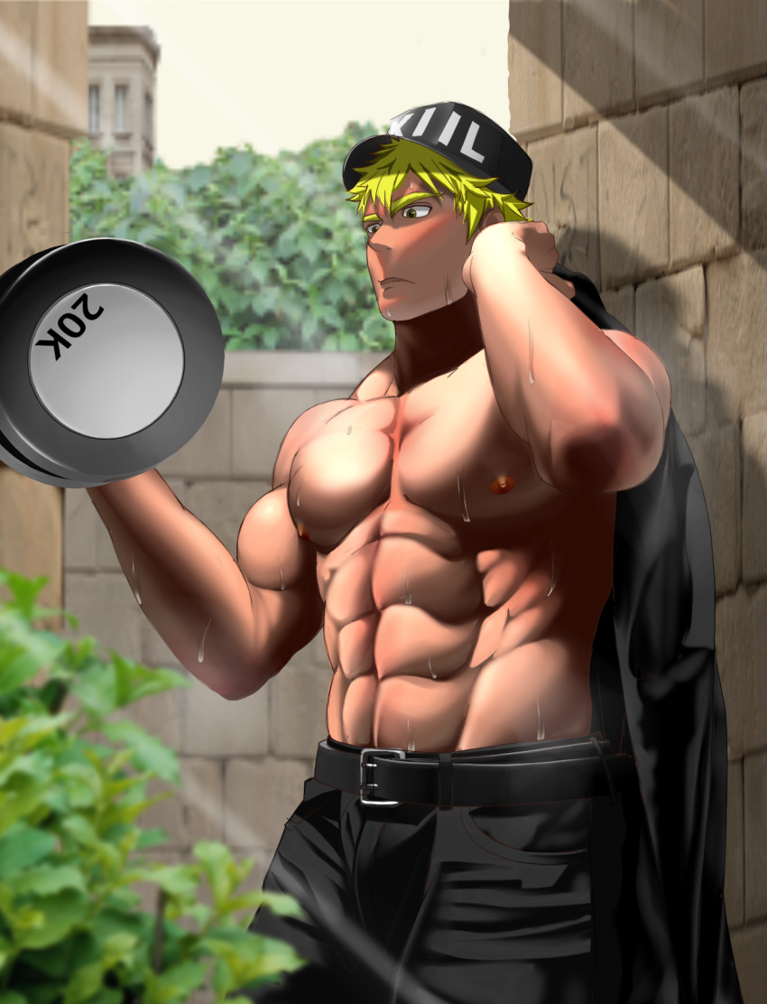 1boy abs bara baseball_cap biceps black_jacket black_pants blonde_hair blush bulge dumbbell hat hataraku_saibou highres holding holding_clothes holding_jacket jacket jacket_removed killer_t_(hataraku_saibou) large_pectorals male_focus muscular muscular_male navel nipples pants pectorals shirtless short_hair sideburns solo stomach sunlight takejirog weightlifting