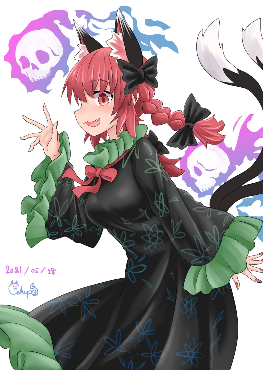 1girl :3 :d animal_ears black_bow black_dress bow bowtie braid cat_ears cat_tail chups cowboy_shot dated dress extra_ears fang frilled_sleeves frills from_side hair_bow highres hitodama kaenbyou_rin long_sleeves medium_hair multiple_tails nekomata open_mouth red_bow red_eyes red_hair red_nails red_neckwear side_braids signature simple_background smile solo standing tail touhou twin_braids two_tails white_background wide_sleeves
