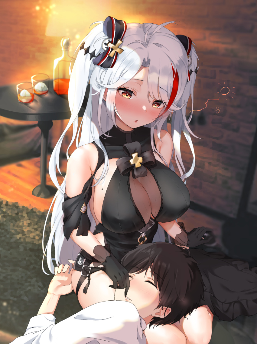 1boy 1girl :o absurdres azur_lane bangs bare_shoulders black_dress black_gloves black_hair blurry blush bow breasts cleavage closed_eyes commander_(azur_lane) cup depth_of_field dress drink eyebrows_visible_through_hair futon_fly_away gloves hair_bow hair_ornament highres lap_pillow large_breasts long_hair looking_at_another mole mole_on_breast multicolored_hair off_shoulder official_alternate_costume parted_lips prinz_eugen_(azur_lane) prinz_eugen_(cordial_cornflower)_(azur_lane) red_hair sideboob sitting sleeping streaked_hair table two_side_up white_hair