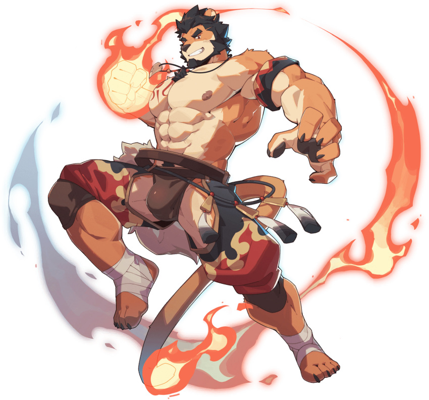 1boy abs alca animal_ears bara bare_pectorals beard black_hair briefs brown_male_underwear bulge chest_hair clothing_cutout crotchless crotchless_pants facial_hair fiery_tail flaming_hand full_body furrification furry gyee highres jewelry large_pectorals lion_boy lion_ears male_focus male_underwear mature_male muscular muscular_male navel navel_hair necklace nipples official_art pants pectorals red_eyes short_hair stomach tail thick_eyebrows thick_thighs thigh_cutout thighs transparent_background underwear