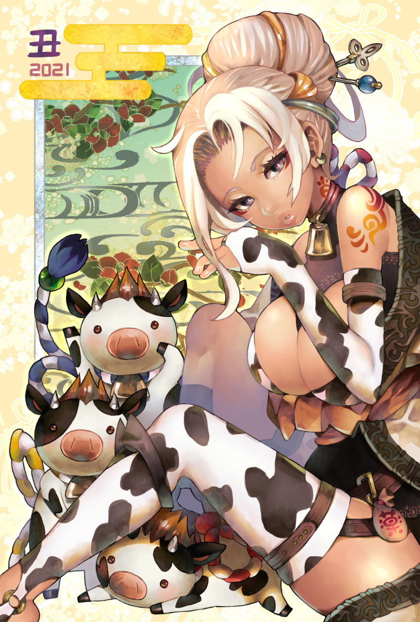 1girl 2021 animal animal_print arm_tattoo bell breasts bridal_gauntlets cleavage cow cow_print cowbell earrings grey_eyes hair_bun hair_ornament hairpin highres jewelry kuzuno_ha large_breasts lips neck_bell neck_tattoo nengajou new_year original ox_girl parted_lips sidelocks sitting tattoo thighhighs white_hair