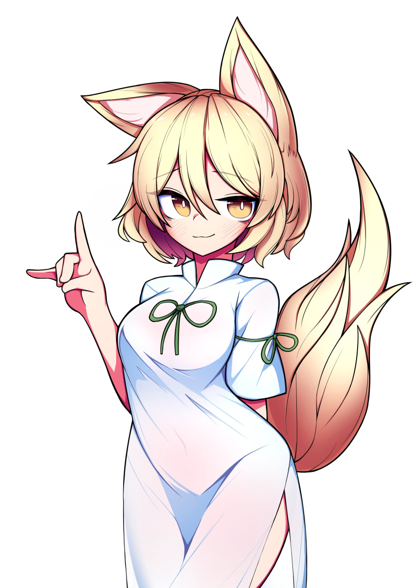 1girl :3 absurdres animal_ears blonde_hair bright_pupils cowboy_shot eyebrows_visible_through_hair finger_touching fox_ears fox_girl fox_tail hair_between_eyes hh highres jumpsuit kudamaki_tsukasa looking_at_viewer navel onesie short_hair short_sleeves simple_background smile solo standing tail touhou white_background white_jumpsuit white_pupils yellow_eyes