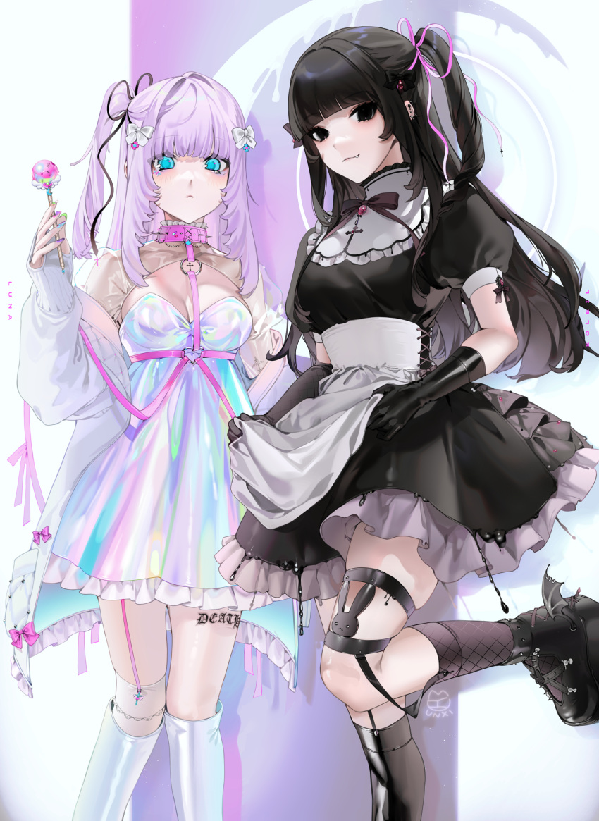 2girls :&lt; :3 apron aqua_eyes bangs black_dress black_eyes black_footwear black_hair black_legwear blue_nails blunt_bangs boots bow breasts chest_harness cleavage collar collared_dress crescent_moon cross-laced_clothes dress drill_hair dripping eyebrows_visible_through_hair fang fingernails fishnet_legwear fishnets frilled_dress frills garter_straps garters gem gloves green_nails harness highres holding holding_wand iridescent jacket jacket_removed jewelry knee_boots latin_cross long_hair luna_(unxi) moon multiple_girls nail_art nail_polish original pill pink_collar pink_nails pink_ribbon platform_footwear ponytail puffy_short_sleeves puffy_sleeves purple_hair purple_nails ribbon shiny shiny_clothes short_sleeves signature simple_background sleeves_past_wrists soleil_(unxi) spiked_collar spikes tattoo thigh_tattoo unxi waist_apron wand white_background white_bow white_footwear white_jacket