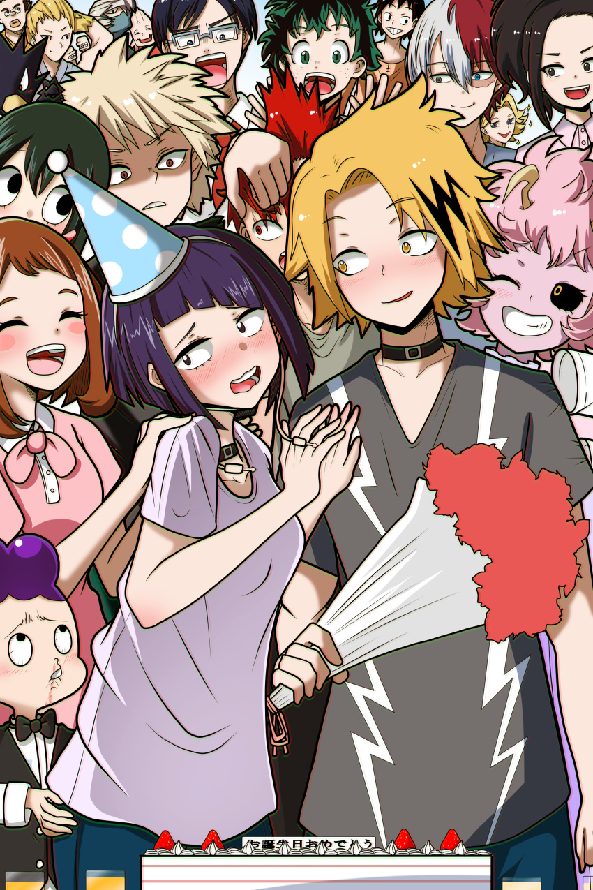 5girls 6+boys absurdres aoyama_yuuga ashido_mina asui_tsuyu bakugou_katsuki bangs beak birthday birthday_cake black_choker black_eyes black_neckwear black_sclera black_shirt black_vest blonde_hair blood blue_headwear blue_legwear blunt_bangs blush blush_stickers bob_cut boku_no_hero_academia bouquet bow bowtie breasts brown_hair cake choker closed_mouth colored_sclera commentary_request cup dress drink drinking_glass embarrassed empty_eyes everyone eyelashes flower food fruit glasses green_eyes green_hair grin groping hagakure_tooru hand_on_another's_head hand_on_another's_shoulder hands_up hat highres holding holding_bouquet horns iida_tenya jack_plug jirou_kyouka kaminari_denki kirishima_eijirou kouda_kouji long_earlobes long_hair looking_at_another looking_back looking_up midoriya_izuku mineta_minoru multicolored_hair multiple_boys multiple_girls nose_blush nosebleed ojiro_mashirao one_eye_closed open_mouth pants partial_commentary party_hat pink_dress pink_hair pink_skirt purple_hair purple_shirt pushing raised_eyebrows red_eyes red_hair sanpaku satou_rikidou sero_hanta shirt short_hair shouji_mezou shy skirt small_breasts smile solo_focus sparkle spiked_hair strawberry t-shirt todoroki_shouto tokoyami_fumikage translated two-tone_hair uraraka_ochako uu_ki vest wavy_mouth white_hair yaoyorozu_momo yellow_eyes