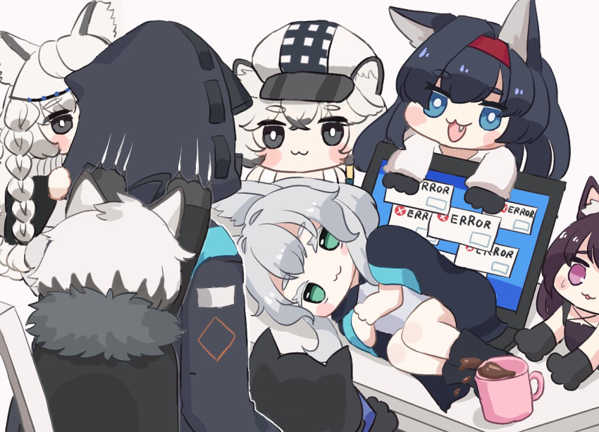 1other 2boys 5girls :3 :d ambiguous_gender animal_ear_fluff animal_ears arknights bangs black_cape black_footwear black_gloves black_hair black_jacket blaze_(arknights) blue_eyes boots braid brown_background cabbie_hat cape cat_ears chibi cliffheart_(arknights) closed_mouth colored_eyelashes computer cup doctor_(arknights) error_message eyebrows_visible_through_hair fang fur-trimmed_cape fur_trim gloves green_eyes grey_hair hairband hat hood hood_up hooded_jacket jacket laptop leopard_ears long_hair lying melantha_(arknights) minigirl mug multiple_boys multiple_girls on_side open_clothes open_jacket open_mouth parted_lips paw_gloves paws phantom_(arknights) pramanix_(arknights) purple_eyes purple_hair red_hairband rosmontis_(arknights) shirt shoe_soles silverash_(arknights) simple_background smile someyaya sweat thick_eyebrows very_long_hair white_hair white_headwear white_jacket white_shirt