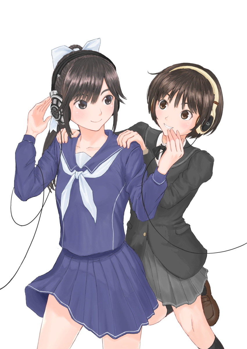 2girls absurdres amagami bangs black_jacket black_neckwear black_sailor_collar blazer blue_sailor_collar blue_serafuku blue_sky bow bowtie brown_eyes brown_footwear brown_hair cowboy_shot gorirakarasu grey_skirt grin hair_bow hand_on_another's_shoulder hands_up headphones highres jacket leg_up light_blush loafers long_hair looking_at_another looking_back love_plus miniskirt multiple_girls neckerchief pleated_skirt ponytail sailor_collar sennheiser shirt shoes simple_background skirt sky smile tachibana_miya takane_manaka white_background white_bow white_neckwear white_shirt