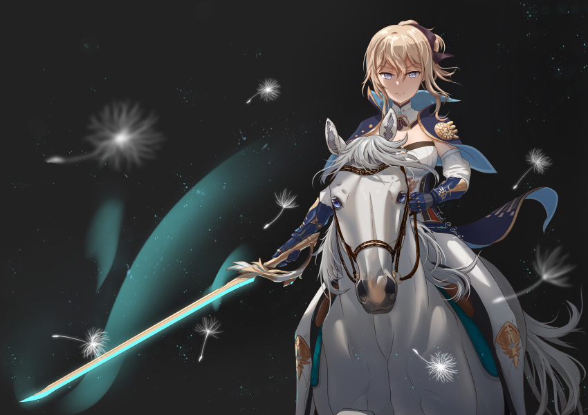 1girl absurdres animal beiyi16 blonde_hair blue_capelet blue_eyes capelet closed_mouth dandelion detached_collar flower gauntlets genshin_impact hair_ribbon high_collar high_ponytail highres holding holding_sword holding_weapon horse horseback_riding jean_gunnhildr looking_at_viewer md5_mismatch pants ponytail reins resolution_mismatch ribbon riding saddle sidelocks source_larger strapless sword tight tight_pants tubetop weapon white_horse white_pants