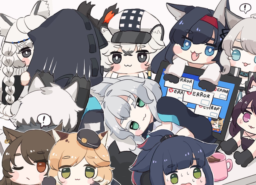 ! 1other 2boys 6+girls :3 :d aak_(arknights) ambiguous_gender animal_ear_fluff animal_ears arknights bangs black_cape black_footwear black_gloves black_hair black_jacket blaze_(arknights) blonde_hair blue_eyes boots braid brown_background cabbie_hat cameo cape cat_ears chibi cliffheart_(arknights) closed_mouth colored_eyelashes computer cup doctor_(arknights) error_message eyebrows_visible_through_hair fang fur-trimmed_cape fur_trim gloves green_eyes grey_eyes grey_hair hairband hat hood hood_up hooded_jacket jacket jessica_(arknights) laptop leopard_ears long_hair lying melantha_(arknights) minigirl mint_(arknights) mousse_(arknights) mug multicolored_hair multiple_boys multiple_girls on_side one_eye_closed open_clothes open_jacket open_mouth parted_lips paw_gloves paws phantom_(arknights) ponytail pramanix_(arknights) purple_eyes purple_hair red_hair red_hairband rosmontis_(arknights) shirt shoe_soles silverash_(arknights) simple_background skyfire_(arknights) smile someyaya spoken_exclamation_mark streaked_hair sweat swire_(arknights) thick_eyebrows too_many very_long_hair white_hair white_headwear white_jacket white_shirt
